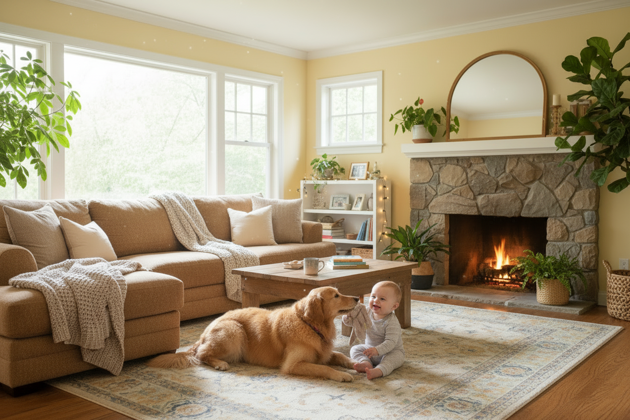 Living room with full dog and baby